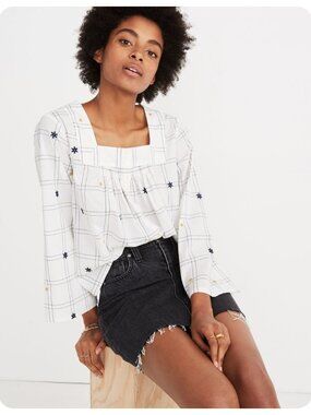 Madewell Antique Blue Embroidered Windowpane Square-Neck Button Down Top sz xs